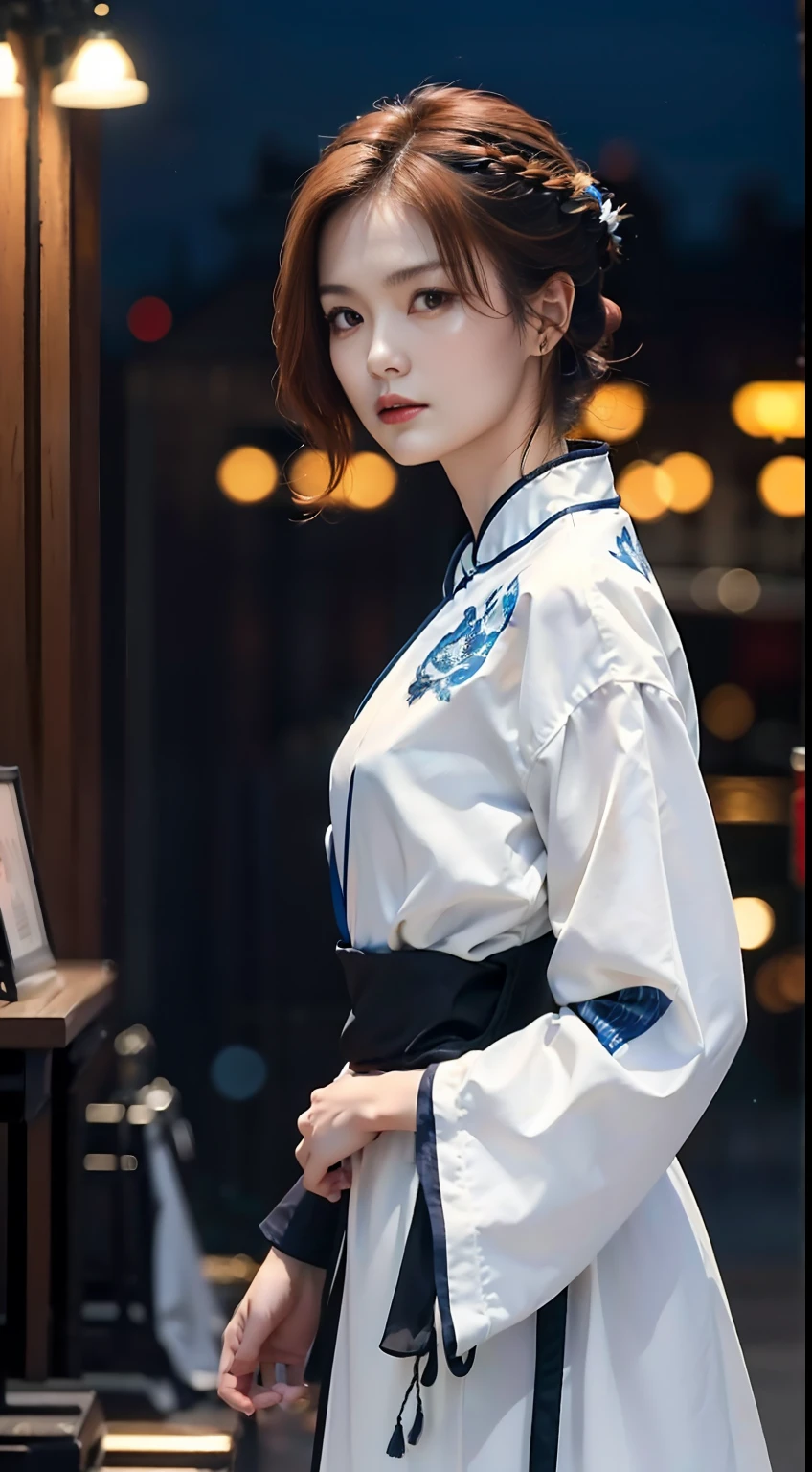 (A beautiful 20-year-old Chinese female assassin), (Short ginger hair), (Pale skin), (serious looking), (Wearing white and blue Assassin costumes), (city at night background), seen from the front, waist up shot, Dynamic pose, Ambient lighting, Photo realism, intricate face details, Intricate hand details, Highly detailed, Vibrant colors, Cinematic, High definition, Popular on art stations - original style