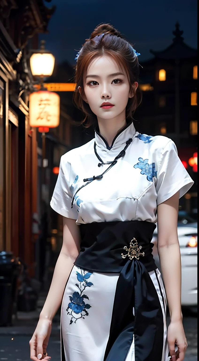 (A beautiful 20-year-old Chinese female assassin), (Short ginger hair), (Pale skin), (serious looking), (Wearing white and blue Assassin costumes), (city at night background), seen from the front, waist up shot, Dynamic pose, Ambient lighting, Photo realism, intricate face details, Intricate hand details, Highly detailed, Vibrant colors, Cinematic, High definition, Popular on art stations - original style