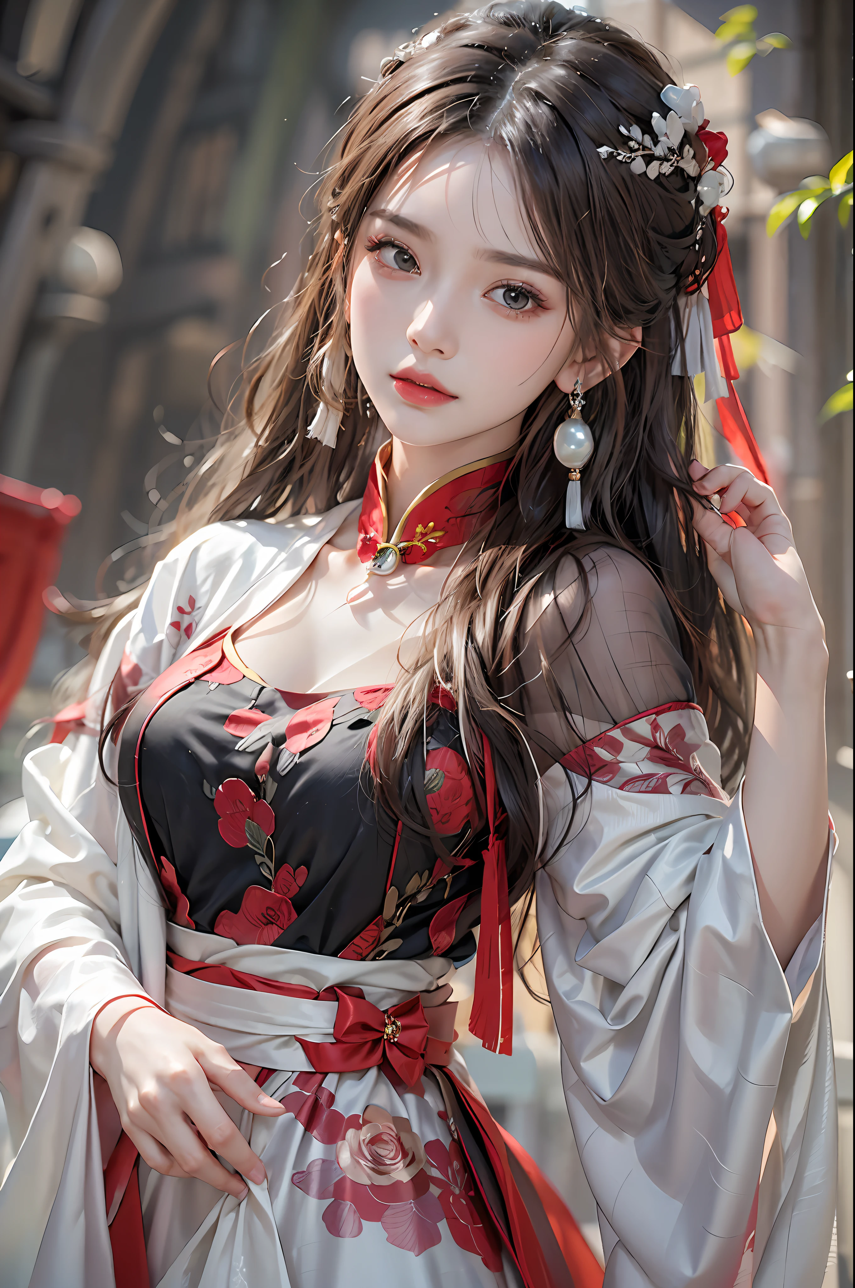 photorealistic, high resolution, 1 women, solo, hips up, beautiful eyes, long hair, red wedding hanfu, red dot on forehead chinese, gorgeous accessories, wearing pearl earrings