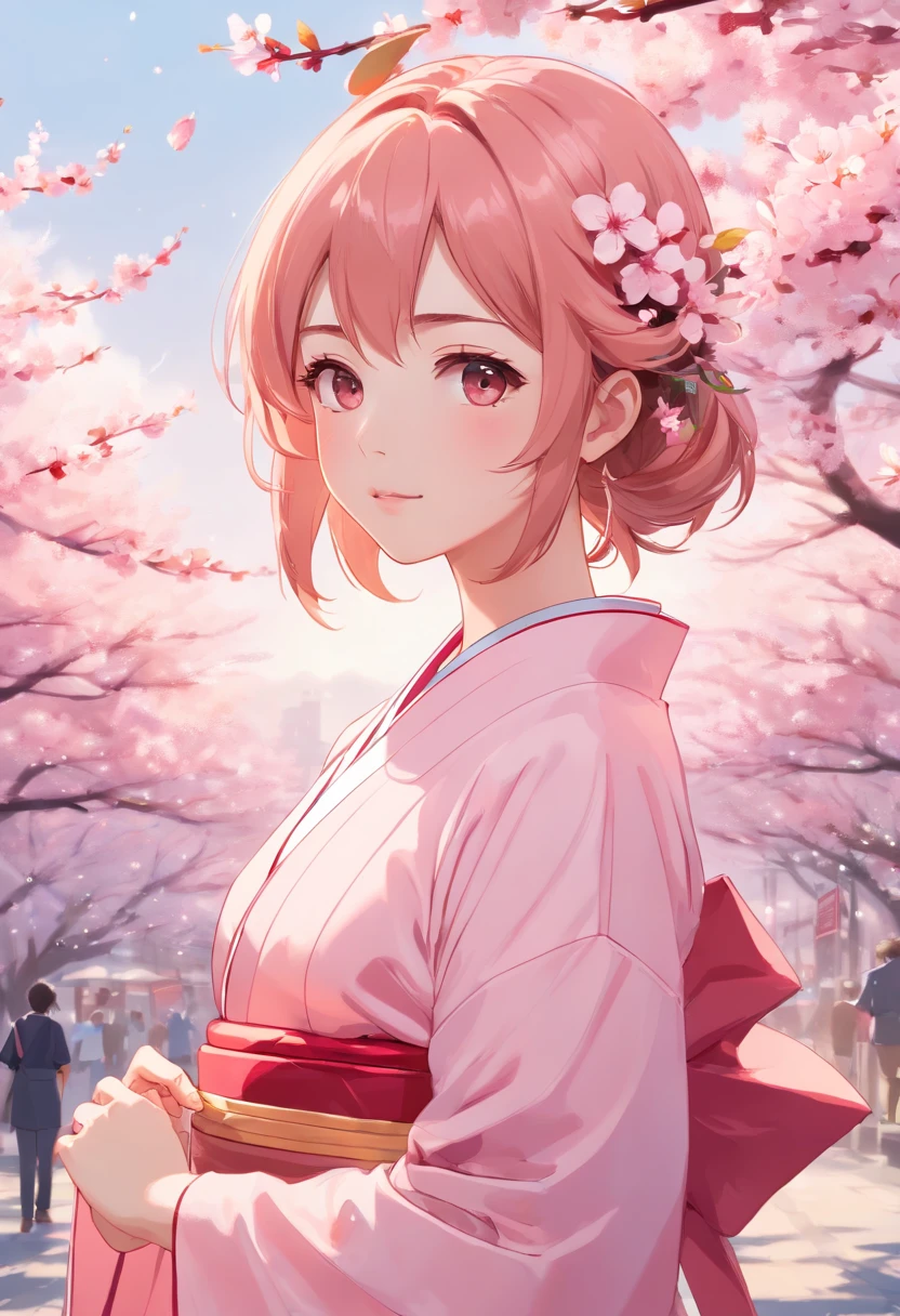 Peach blossom pink straight hair，Wears a pale pink kimono，Holding a cherry blossom branch，in the background, Beautiful cherry blossom trees are scattered with cherry blossoms，She is a sweet girl who stands tall，eyes with brightness