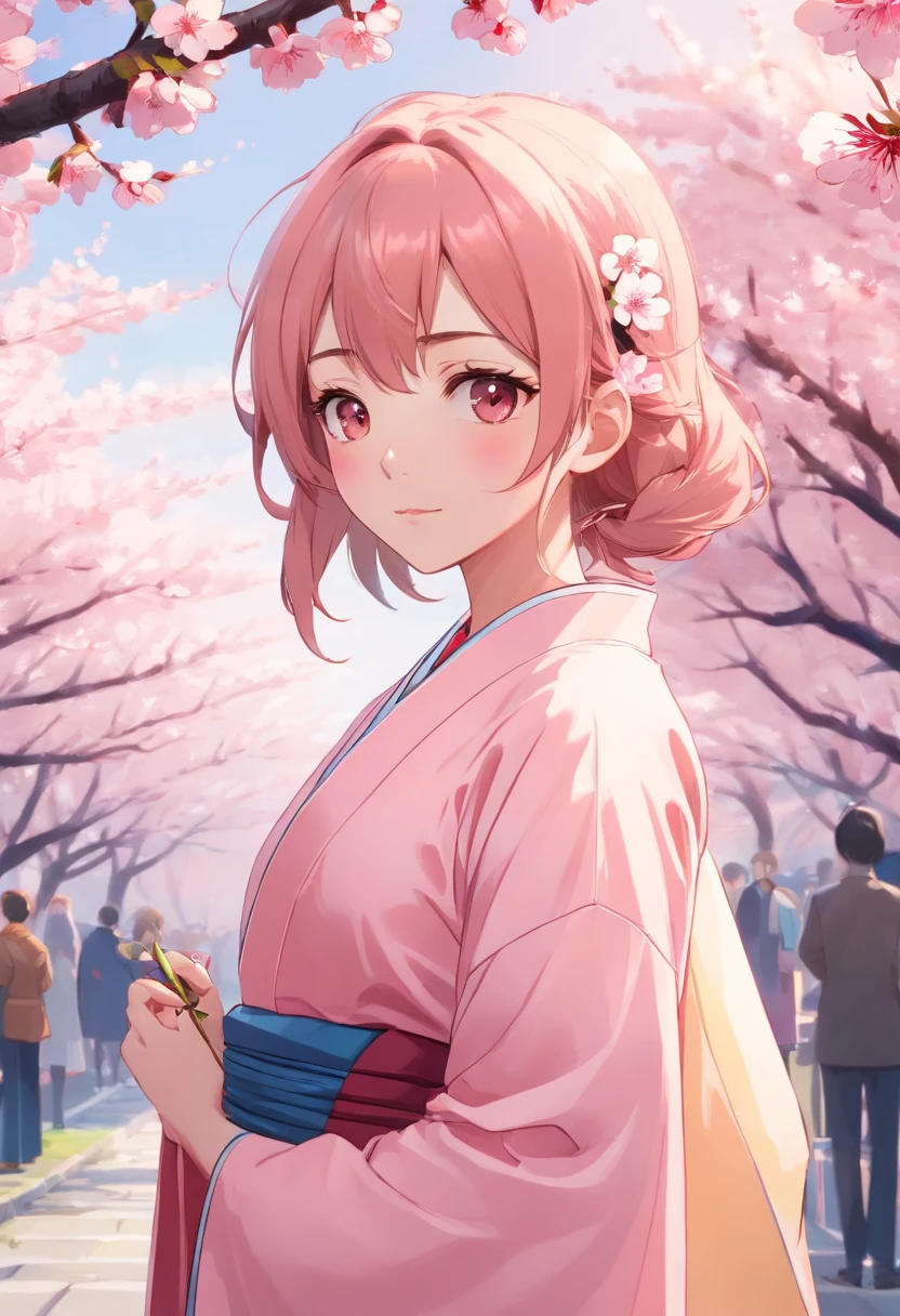 Peach blossom pink straight hair,Wears a pale pink kimono,Holding a cherry blossom branch,in the background, Beautiful cherry blossom trees are scattered with cherry blossoms,She is a sweet girl who stands tall,eyes with brightness