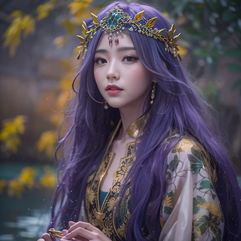 Cornmeal glass 32K(tmasterpiece,k hd,hyper HD,32K)Long flowing bright purple hair,Autumn Pond,zydink, a color, Asian people (Kizi), (Red scarf), Combat posture, looking at the ground, long whitr hair, Floating bright purple, Fire cloud pattern gold tiara, Chinese long-sleeved gold silk garment, (abstract ink splash:1.2), white backgrounid,Lotus protector(realisticlying:1.4),Bright purple hair,Smoke on the road,The background is pure, A high resolution, the detail, RAW photogr, Sharp Re, Nikon D850 Film Stock Photo by Jefferies Lee 4 Kodak Portra 400 Camera F1.6 shots, Rich colors, ultra-realistic vivid textures, Dramatic lighting, Unreal Engine Art Station Trend, cinestir 800,Long flowing bright purple hair