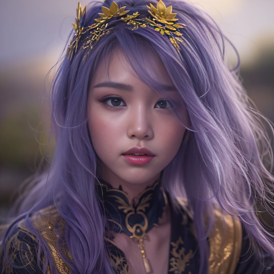 Cornmeal glass 32K(tmasterpiece,k hd,hyper HD,32K)Long flowing bright purple hair,Autumn Pond,zydink, a color, Asian people (Kizi), (Red scarf), Combat posture, looking at the ground, long whitr hair, Floating bright purple, Fire cloud pattern gold tiara, Chinese long-sleeved gold silk garment, (abstract ink splash:1.2), white backgrounid,Lotus protector(realisticlying:1.4),Bright purple hair,Smoke on the road,The background is pure, A high resolution, the detail, RAW photogr, Sharp Re, Nikon D850 Film Stock Photo by Jefferies Lee 4 Kodak Portra 400 Camera F1.6 shots, Rich colors, ultra-realistic vivid textures, Dramatic lighting, Unreal Engine Art Station Trend, cinestir 800,Long flowing bright purple hair