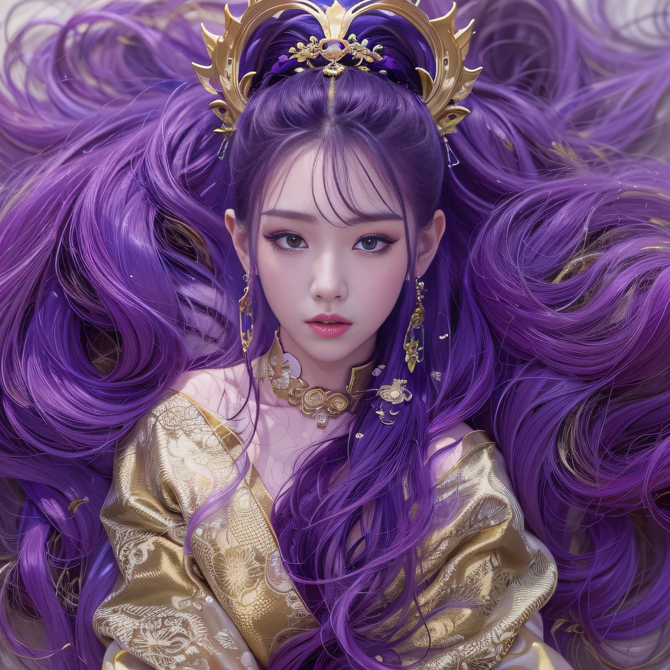 Cornmeal glass 32K（tmasterpiece，k hd，hyper HD，32K）Long flowing bright purple hair，Autumn Pond，zydink， a color， Asian people （Kizi）， （Red scarf）， Combat posture， looking at the ground， long whitr hair， Floating bright purple， Fire cloud pattern gold tiara， Chinese long-sleeved gold silk garment， （abstract ink splash：1.2）， white backgrounid，Lotus protector（realisticlying：1.4），Bright purple hair，Smoke on the road，The background is pure， A high resolution， the detail， RAW photogr， Sharp Re， Nikon D850 Film Stock Photo by Jefferies Lee 4 Kodak Portra 400 Camera F1.6 shots, Rich colors, ultra-realistic vivid textures, Dramatic lighting, Unreal Engine Art Station Trend, cinestir 800，Long flowing bright purple hair