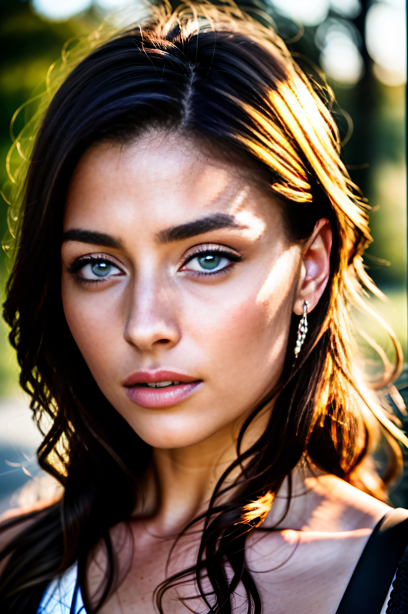 RAW photo, 8k UHD, beautiful Caucasian, one woman, ultra-detailed eyes, sad, edge of glory, breath taking beautiful, photography, ultra realism, realistic, outdoors, golden hour, (film grain:1.3), 8k uhd, dslr, soft lighting, high quality, HDRI, Fujifilm XT3, iridescent, (masterpiece), (best quality) (detailed) (8k) (HDR) (cinematic lighting) (sharp focus) (intricate), HDR, hyper-realistic, color graded, realistic picture, ultra high quality, stunning, heartbroken, wish, fire heart