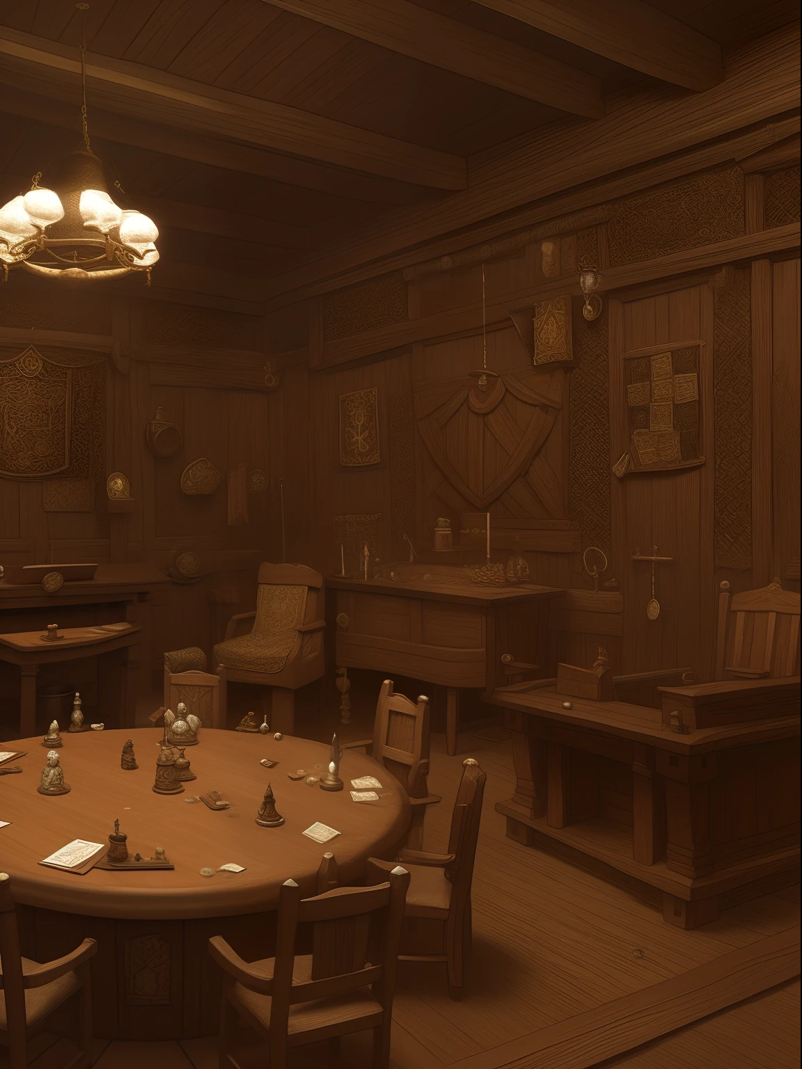 Round courtroom, Estilo medieval, feita de madeira, dwarf architecture, Room of a mansion, RPG DND, d&D 5E,