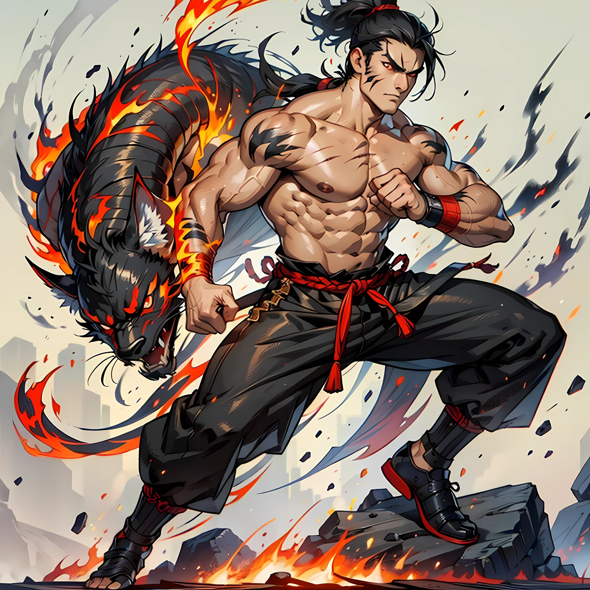 Muscular man, samurai, black hair, ponytail, shirtless, long black pants, kung fu shoes, burn marks, scars on the body, indifferent look, red colored eyes, fire creatures around, flaming creatures fantasy, arena, flames in the hands.
