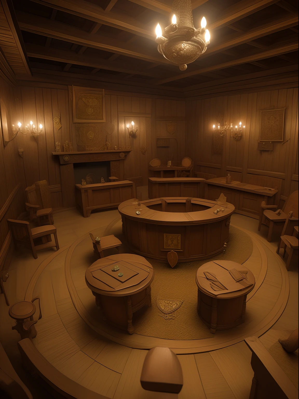 Round courtroom, Estilo medieval, feita de madeira, dwarf architecture, Room of a mansion, RPG DND, d&D 5E,