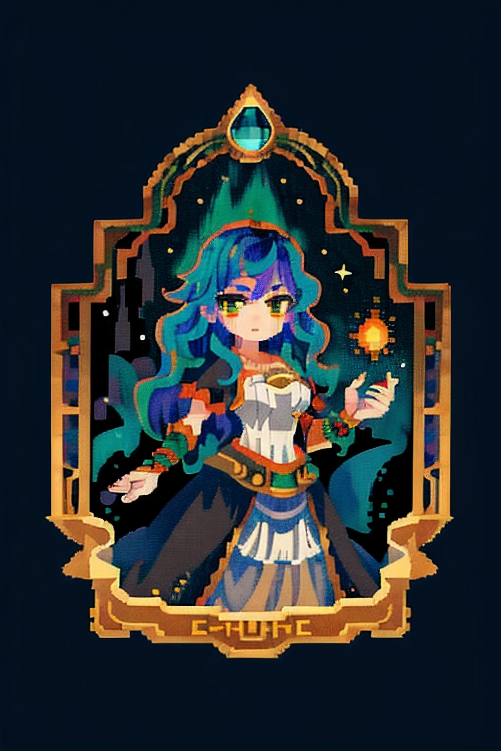 ((masterpiece:1.2, best quality)), 1girl, solo, pixel art, in game, warrior armor, short red hair, wavy hair, blood, flame, aurora, night, star (sky), swords, shield, sky, white dress, night sky, angry, navel, starry sky, orange eyes, bear, cape, blue hair, (bird), war, castle, dark clouds, night, (impressionism:1.4), (tarot:1.3), alphonse mucha, (((Stardew Valley)))