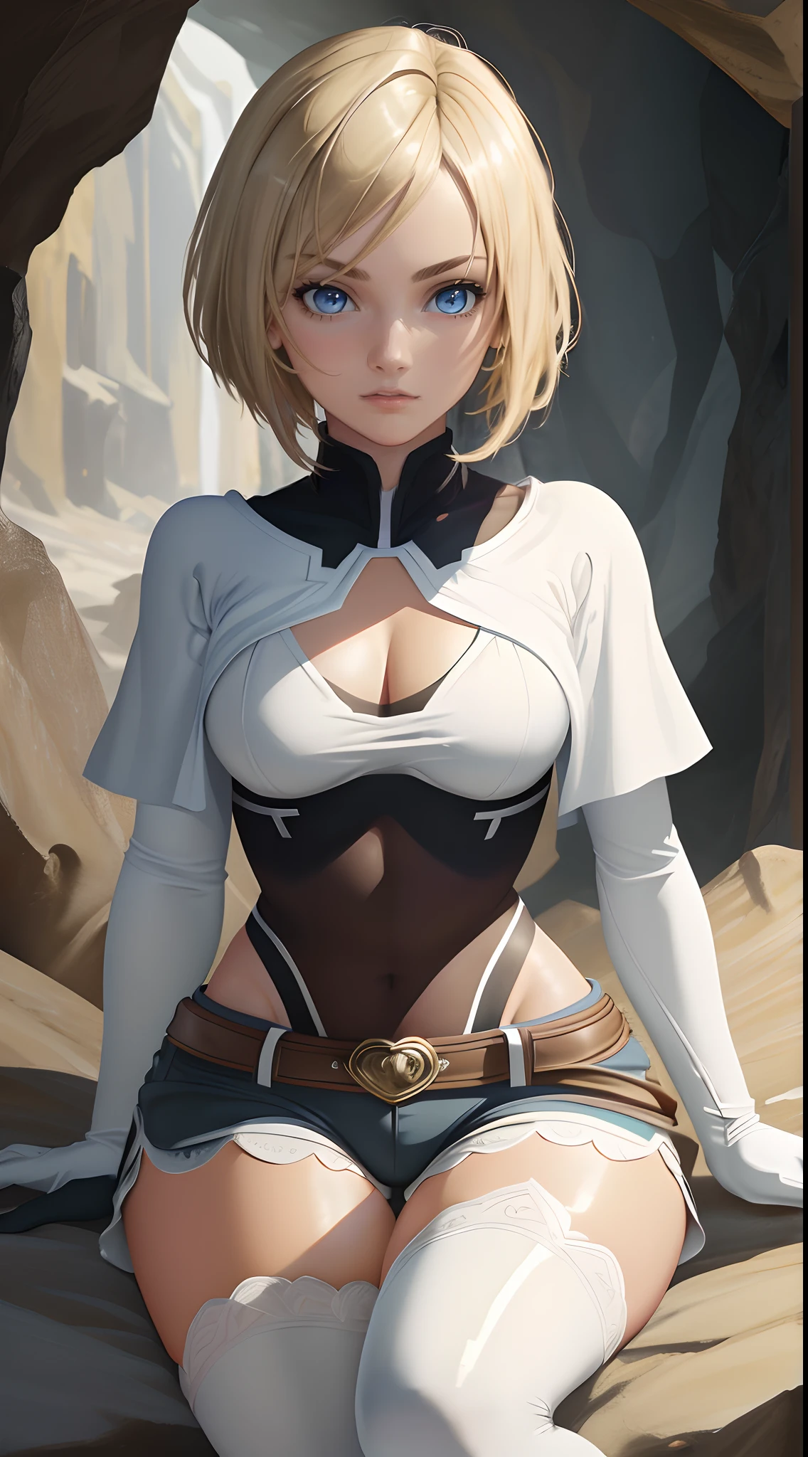 masterpiece, best quality, highres, Sara, looking_at_viewer, asymmetrical_hair, interior, cave, cave_wall, against_wall, sitting, soft lighting, blonde_hair, blue_eyes, white_capelet, black_shorts, white_thighhighs, fur_trim, belt, brown_glove, single_glove, leotard_under_clothes,,,(masterpiece),(best quality),(ultra detailed),(high resolution),(perfect lighting),(clearly drawn face),(detailed body),(perfect anatomy),(detailed eyes),(detailed skin),(shiny_skin),(shiny_hair),(toned body),Dynamic lighting,