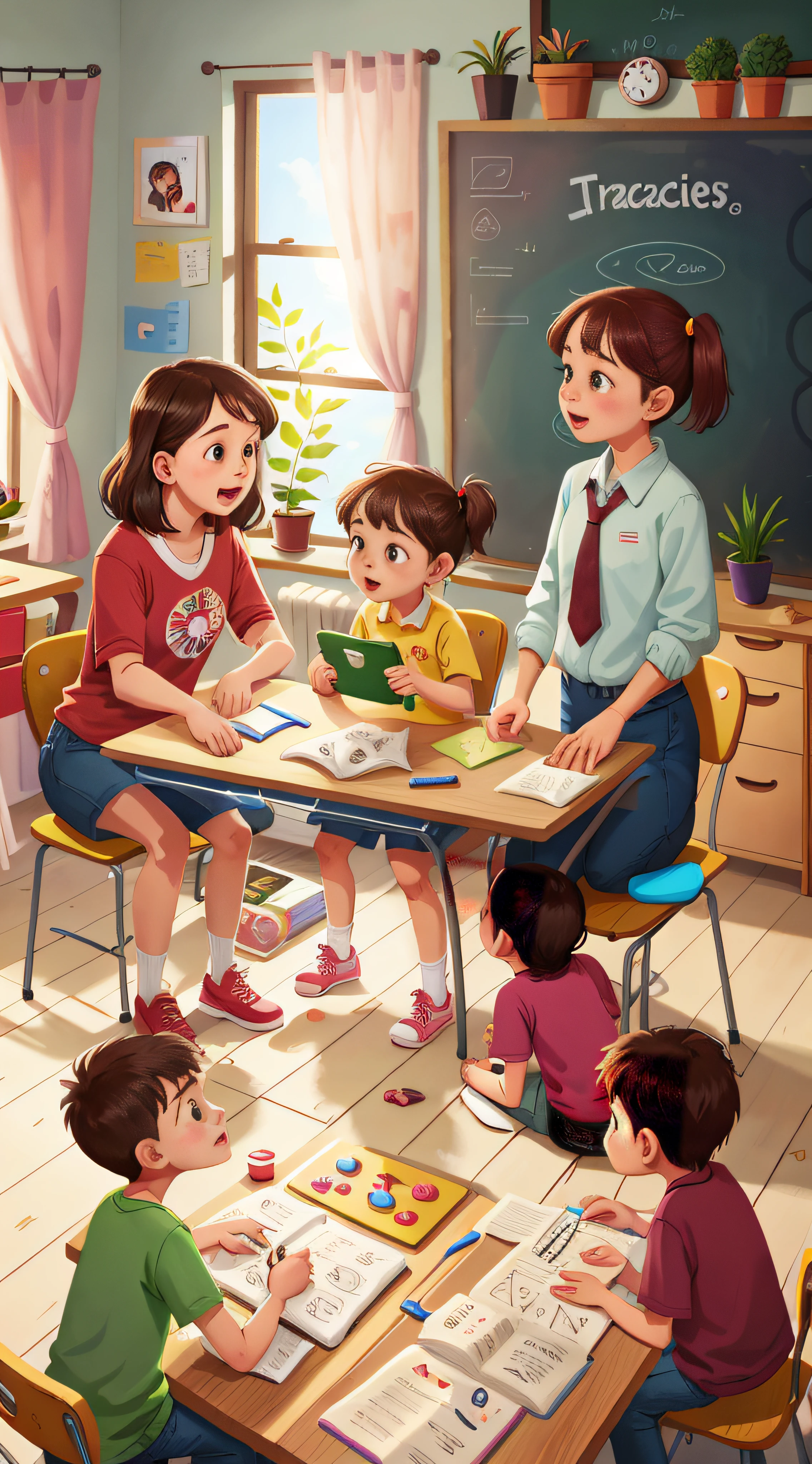 A teacher,3 students,Students aged 2-6,Play games together in the room,No tables and chairs,KIDS ILLUSTRATION,Pubic area is clear,Fingers correct