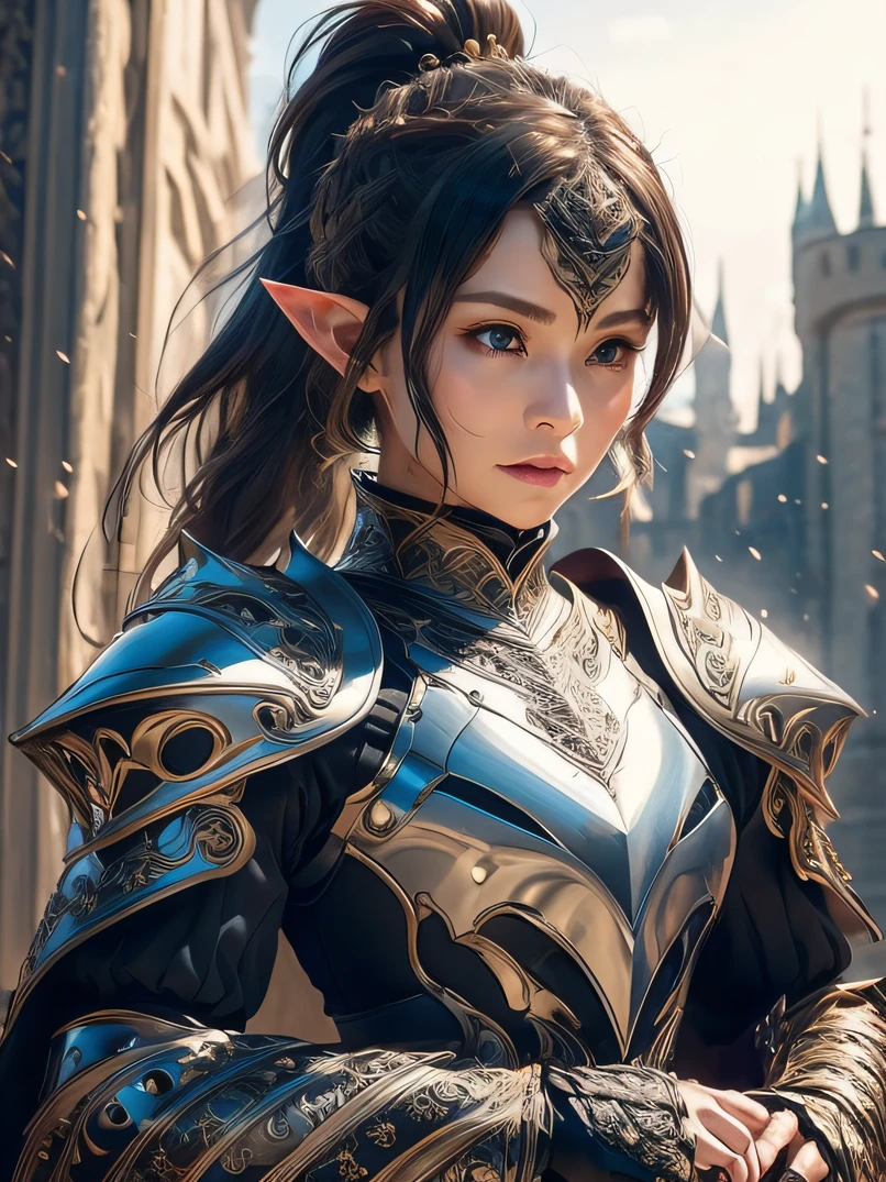 top-quality、ultra-detailliert、Very delicate、lighting like a movie、Unique lighting effects、Full body portrait of beautiful 40 year old female elf、Two-thirds shot、Environments with complex details、ighly detailed、Elegant person、Graceful aura、Elaborate patterns that blend fantasy and modernity、Black cloak of flowing fabric、Richly textured black leather armor and leggings、Delicately carved black plate armor、Bustling medieval cityscape and castle in the background、Mystical atmosphere filled with magical elements、Dynamic lighting with vibrant colors、Detailed background depiction、Deep sense of depth、Depth and mood、A dark-haired、tall、a small face、well-proportioned figure、Hairstyle Ponytail、Seductive blue eyes、Sharp eyes、hyperdetailed face、A detailed eye、Detailed hand depiction、Detailed foot depiction、Dynamic action