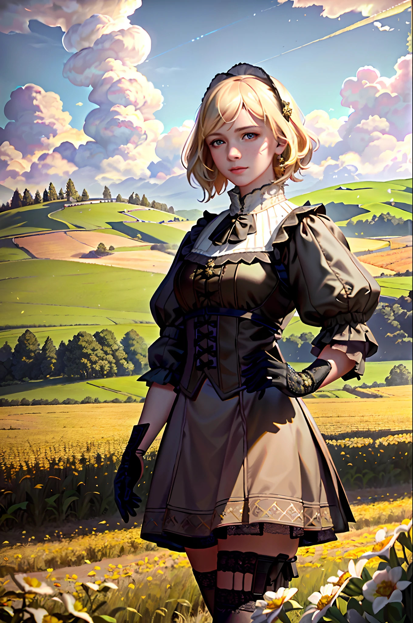 (realistic:1.3), finely detailed, quality, rembrandt lighting, (masterpiece:1.2), (photorealistic:1.2), (best quality), (detailed skin:1.3), (intricate details), dramatic, ray tracing, 1girl, american white girl, blonde hair, 21 years old, medium breasts, (Meadow, Sun, Clouds, Field, Farming, Starlight, Walking trail)