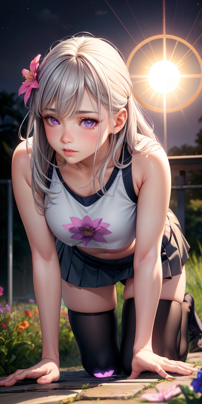 realistic, girl single, gray hair, purple eyes, glowing eyes, crop top, skirt, parted lips, blush, night, flower, sun, sunlight, all fours