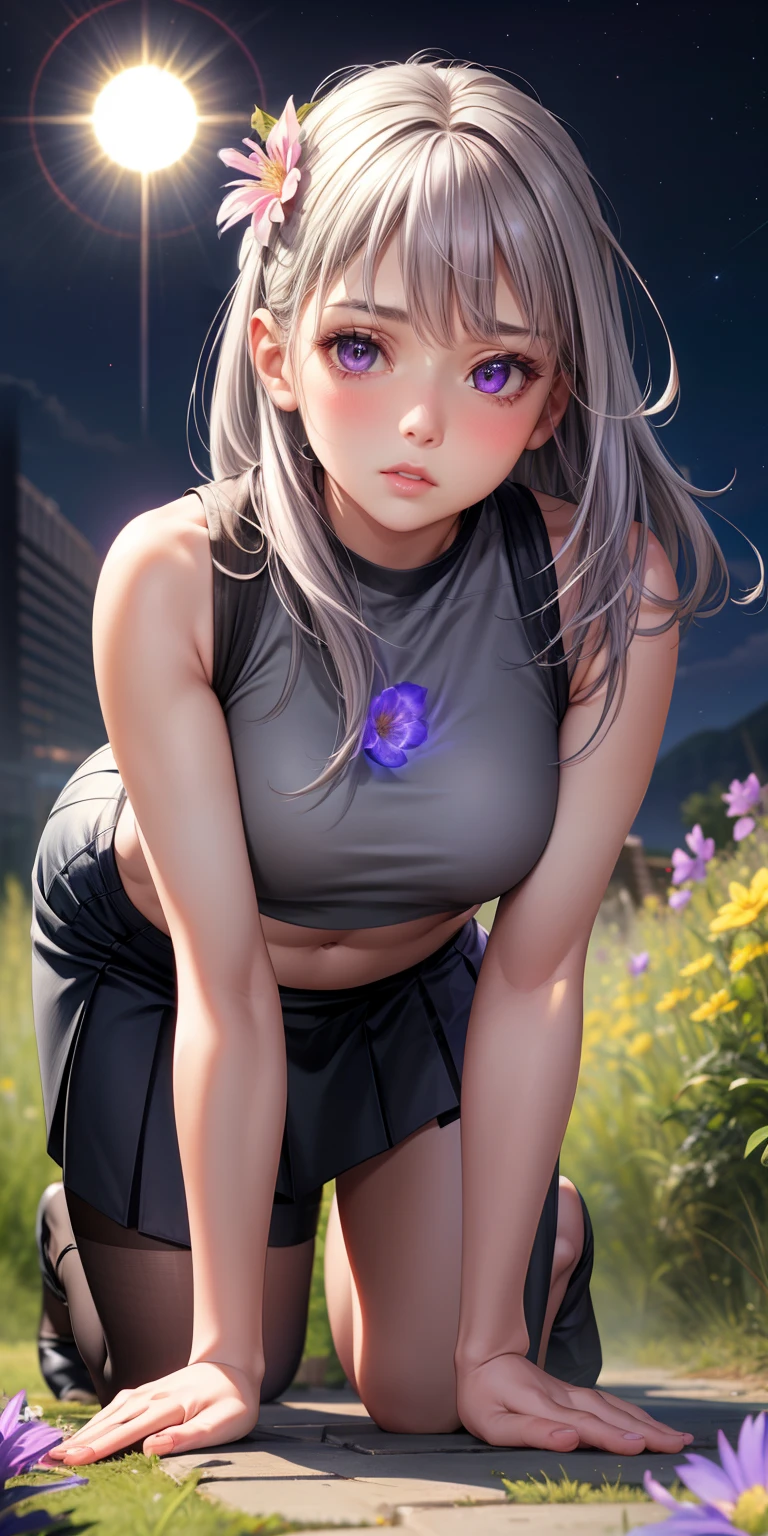 realistic, girl single, gray hair, purple eyes, glowing eyes, crop top, skirt, parted lips, blush, night, flower, sun, sunlight, all fours