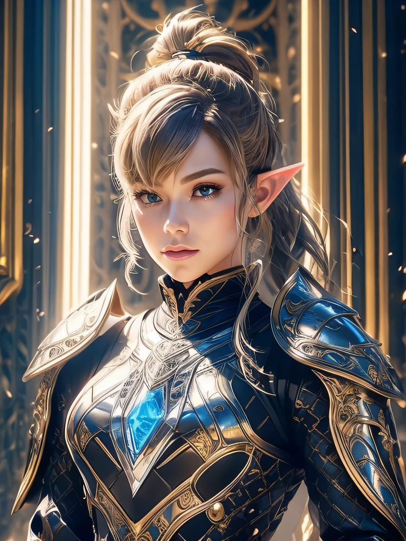 top-quality、ultra-detailliert、Very delicate、lighting like a movie、Unique lighting effects、Full body portrait of beautiful 40 year old female elf、Two-thirds shot、Environments with complex details、ighly detailed、Elegant person、Graceful aura、Elaborate patterns that blend fantasy and modernity、Black cloak of flowing fabric、Richly textured black leather armor and leggings、Delicately carved black plate armor、Bustling medieval cityscape and castle in the background、Mystical atmosphere filled with magical elements、Dynamic lighting with vibrant colors、Detailed background depiction、Deep sense of depth、Depth and mood、a blond、tall、a small face、well-proportioned figure、Hairstyle Ponytail、Seductive blue eyes、Sharp eyes、hyperdetailed face、A detailed eye、Detailed hand depiction、Detailed foot depiction、Dynamic action