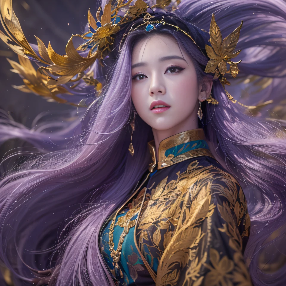 Cornmeal glass 32K(tmasterpiece,k hd,hyper HD,32K)Long flowing bright purple hair,Autumn Pond,zydink, a color, Asian people (Kizi), (Red scarf), Combat posture, looking at the ground, long whitr hair, Floating bright purple, Fire cloud pattern gold tiara, Chinese long-sleeved gold silk garment, (abstract ink splash:1.2), white backgrounid,Lotus protector(realisticlying:1.4),Bright purple hair,Smoke on the road,The background is pure, A high resolution, the detail, RAW photogr, Sharp Re, Nikon D850 Film Stock Photo by Jefferies Lee 4 Kodak Portra 400 Camera F1.6 shots, Rich colors, ultra-realistic vivid textures, Dramatic lighting, Unreal Engine Art Station Trend, cinestir 800,Long flowing bright purple hair