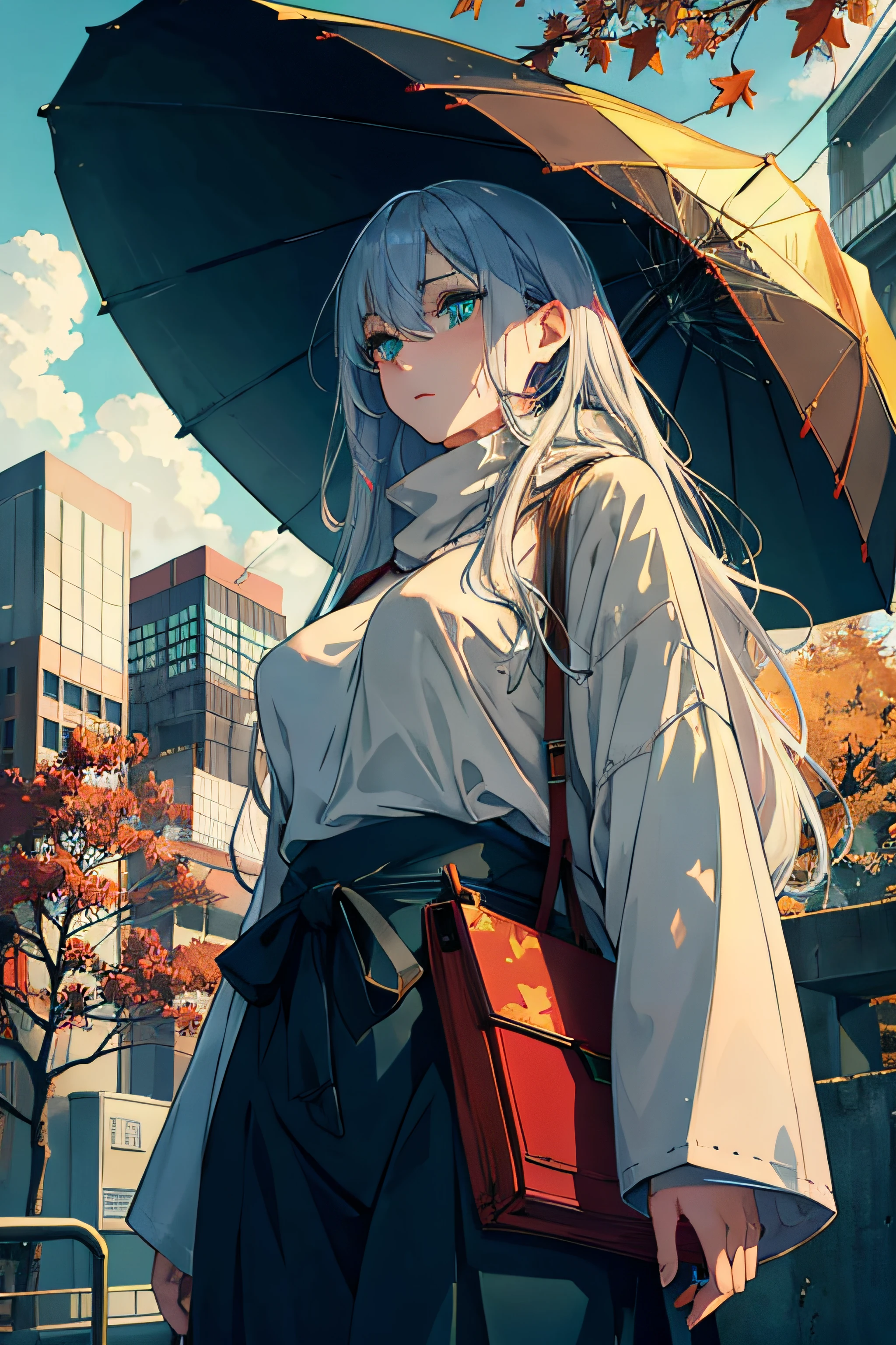 japan, highres, highest quallity, illustration, ultra detailed, (detailed face), (detailed eyes), soft lighting, best quality, hazy glow, dreamy atmosphere, hyper detailed, masterpiece, 1girl, solo, silver hair, green eyes, knitwear, luminous eyes, medium breasts, (colorful), cowboy shot, from below, outdoors, morning, clouds, tall buildings in background, industrial, public transportation, urban, concrete buildings, concrete, sidewalk, busy, trees, autumn, falling leaves,