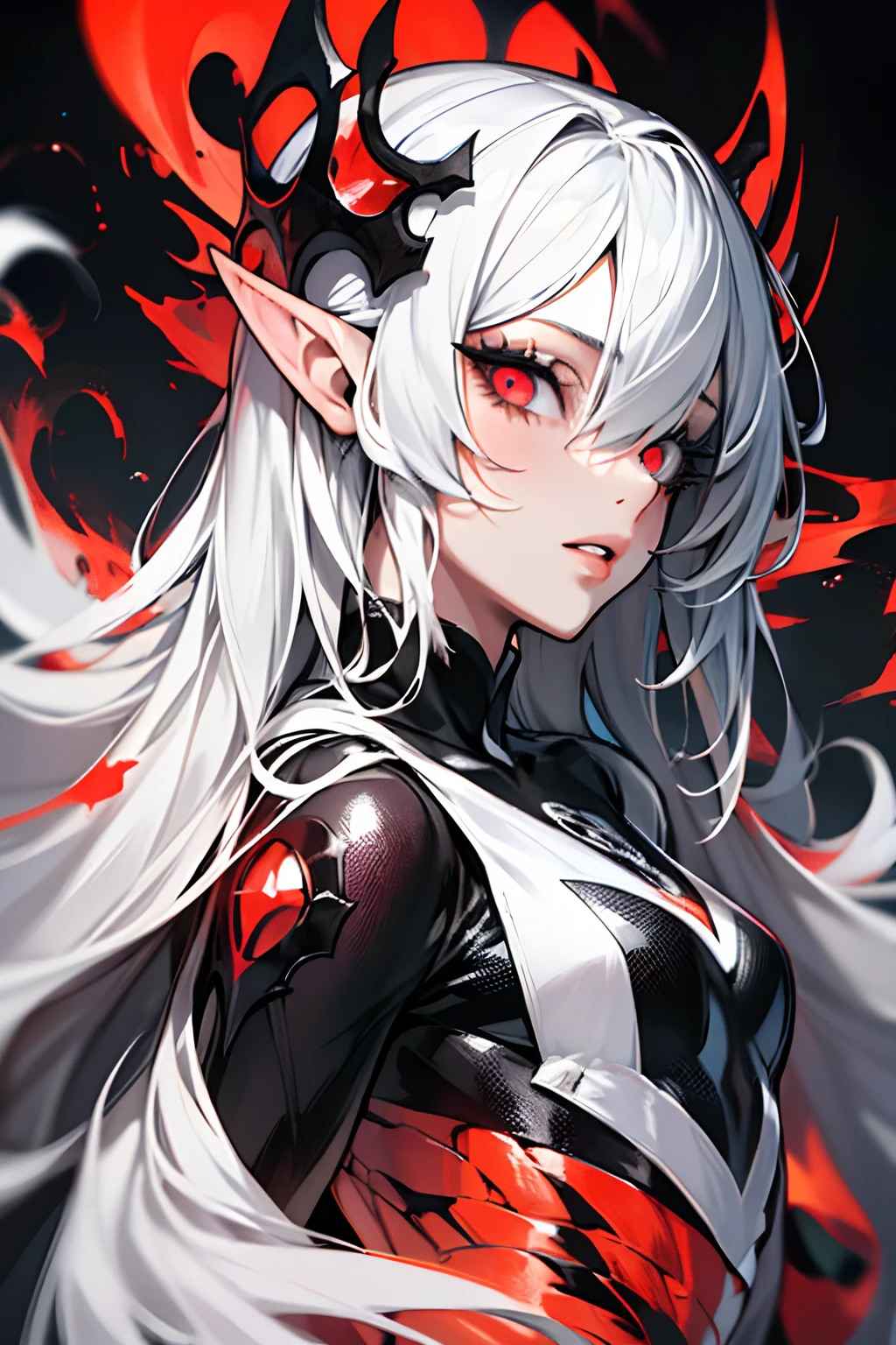 masterpiece, best quality, ultra-detailed, absurdres, colorful, 1girl, solo, (solid red eyes:1.0), (white hair, long hair, straight hair, hair over one eye:1.0), detailed eyes, wide-eyed, eyelashes, (upper body:0.8), monster girl, side view, glowing eyes, tilted head, night, black suit, pointy ears, horror, dark, black background, looking at viewer, crown, high contrast, backlighting, (standing:0.8), aura, fractal background, chaotic, spiral, demon horns, energy, mosaic, inferno