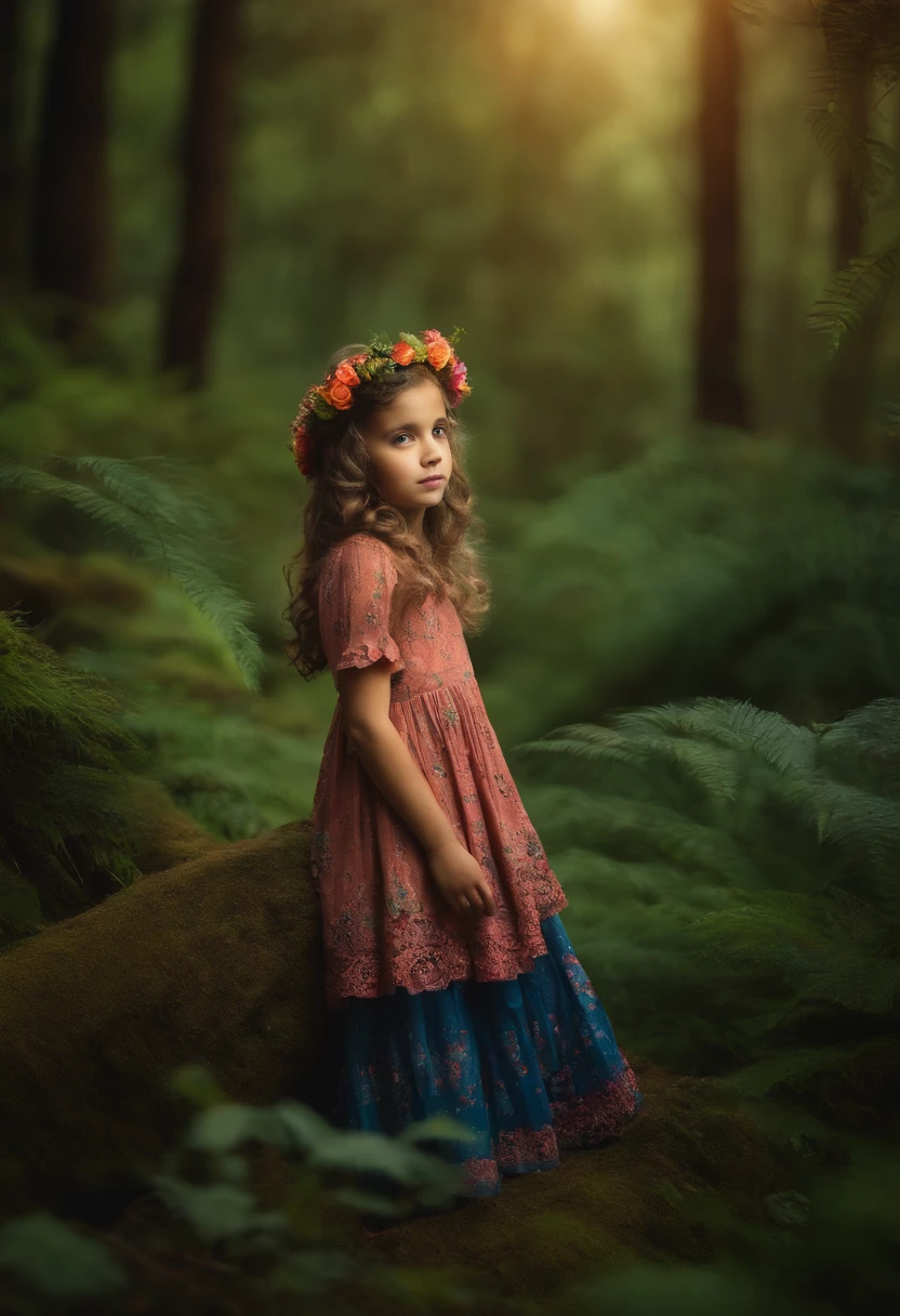 desenho infantil de uma  de 5 anos em uma floresta encantada