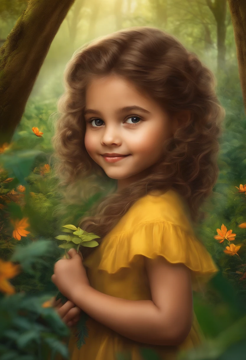 desenho infantil de uma menina de 5 anos em uma floresta encantada