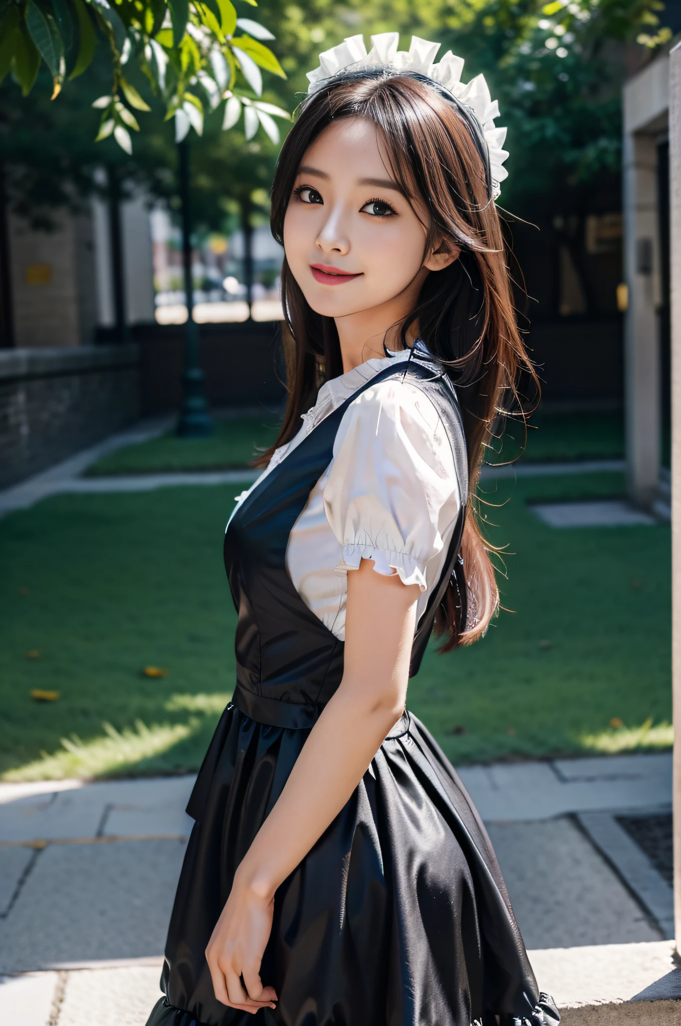 (masterpiece, best quality), (absurdres:1.3), (anime illustration:1.1), (ultra detailed, 8K, ultra highres:1.2), sharp focus, BREAK
1girl, cute girl, smile, long hair,  silver hair, gold eyes, medium breasts, detailed face, detailed eyes, dynamic pose, from below, BREAK
cute maid dress, frills, maid headdress, maid apron,  BREAK
village, fantasy, shopping, outdoors,