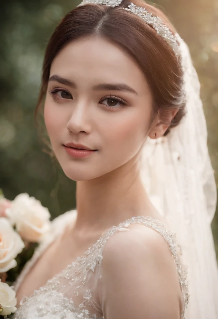 ((best qualtiy)), ((tmasterpiece)) Wedding princess dress, ray of lights, lens flare glow, White petals, Delicate face,Brunette Asian