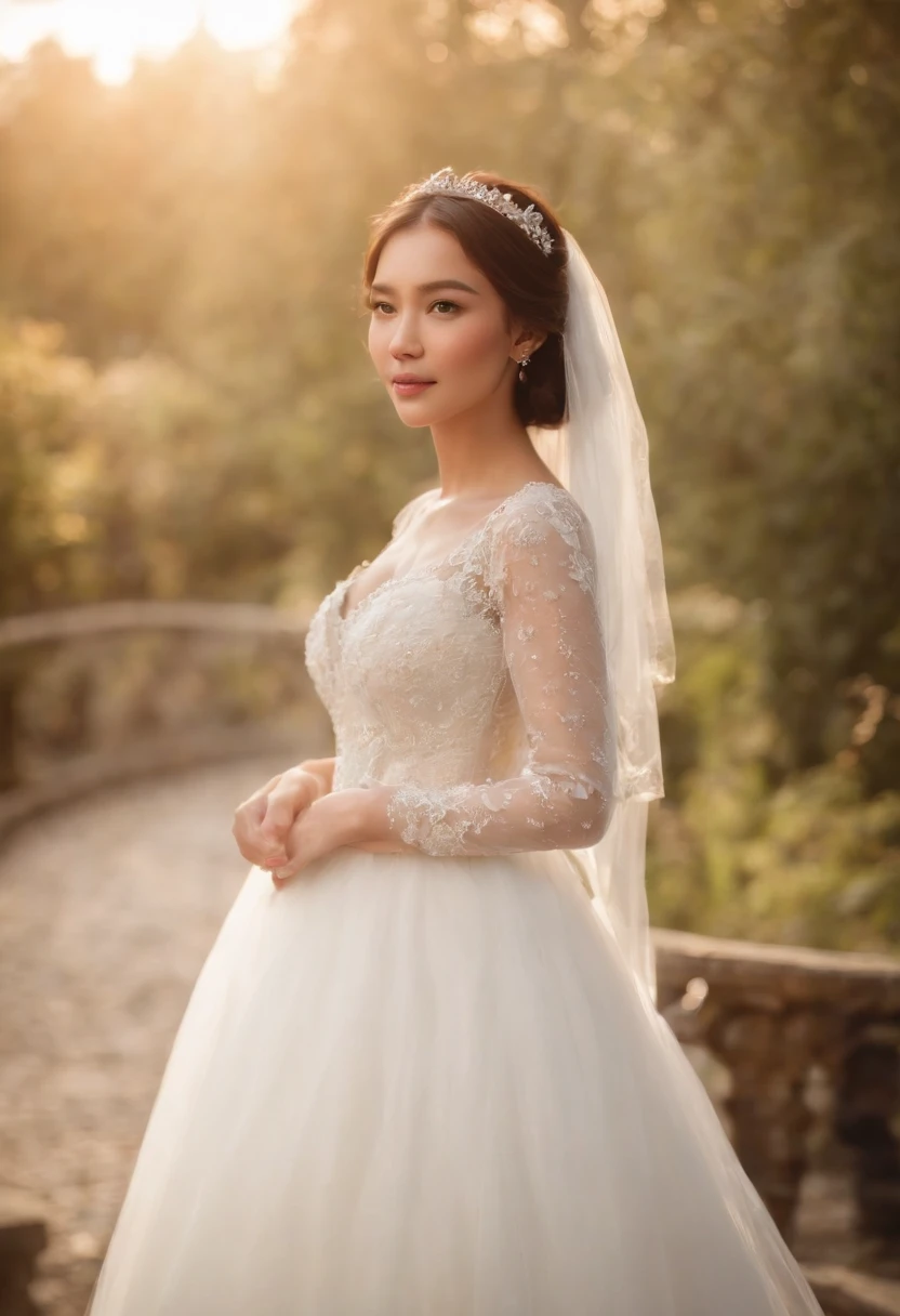 （（best qualtiy））， （（tmasterpiece）） Wedding princess dress， ray of lights， lens flare glow， White petals， Delicate face，Brunette Asian