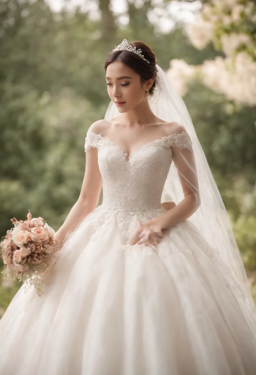 （（best qualtiy））， （（tmasterpiece）） Wedding princess dress， ray of lights， lens flare glow， White petals， Delicate face，Brunette Asian