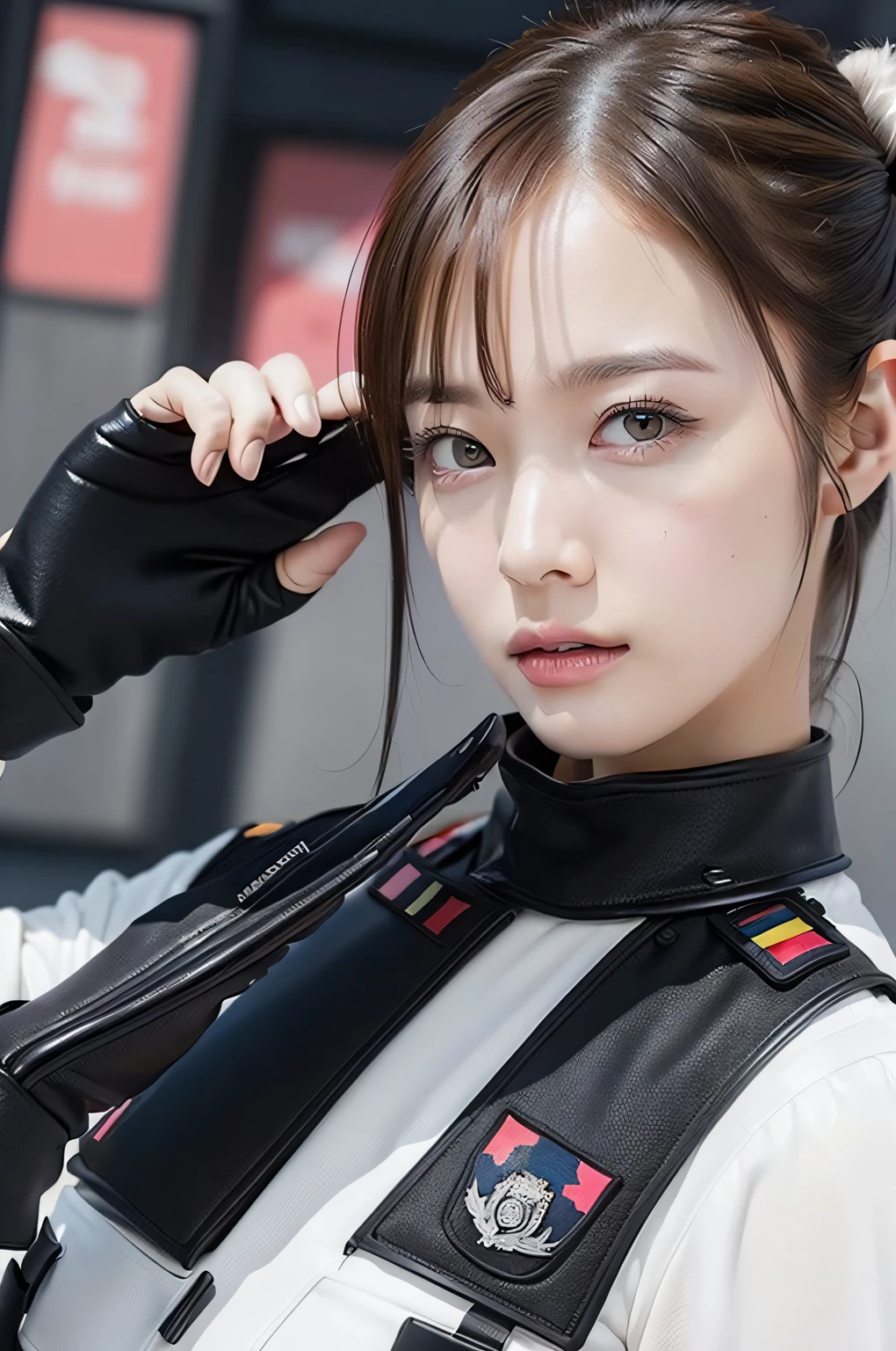 Top Quality, Ultra High Definition, (backlight), (Photorealistic: 1.4), (close up:1.6, focus on face), 1 Beautiful Girl, (Kpop Idol), Detailed Face, (Hair Pink:0.6, fullbang, updo-style:1), Contrapposto, Perfect Anatomy, Smooth Skin, Professional Lighting, ((wearing Futuristic Police Racing Suits, police wappen, High-tech Headset, military harness, racing gloves, machinegun)), ("POLICE", Cloths colors based on silver pink black white), (background, crashed cars, fire, (Explosion)),