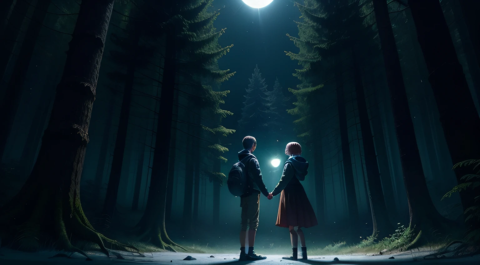 a teenage boy and a teenage girl togather holding a glowworm in their hand in a deep forest in a moon light night. (focus on the glowworm)