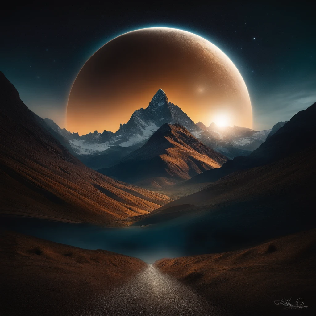Create a metal album cover that features towering mountains in the center of the image. El cielo nocturno debe estar lleno de constelaciones brillantes, creando un ambiente oscuro y misterioso. Si es posible, It incorporates a black hole in the background to increase the sense of the unknown and the enigmatic.
