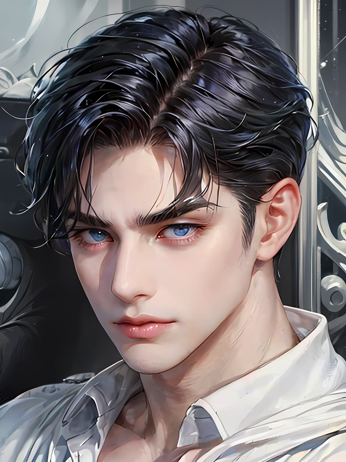 masterpiece close-up shot of a man, he has short black Quiff hair with Soft Fringe (bangs part on side 3:7 ratio), (blue eyes), cold look, sharp eyes, stern face, aristocratic appearance