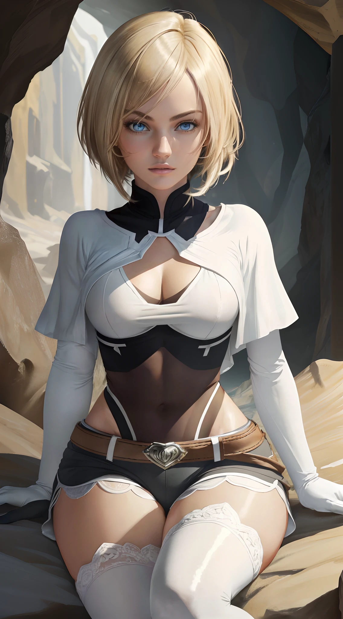 masterpiece, best quality, highres, Sara, looking_at_viewer, asymmetrical_hair, interior, cave, cave_wall, against_wall, sitting, soft lighting, blonde_hair, blue_eyes, white_capelet, black_shorts, white_thighhighs, fur_trim, belt, brown_glove, single_glove, leotard_under_clothes,,,(masterpiece),(best quality),(ultra detailed),(high resolution),(perfect lighting),(clearly drawn face),(detailed body),(perfect anatomy),(detailed eyes),(detailed skin),(shiny_skin),(shiny_hair),(toned body),Dynamic lighting,