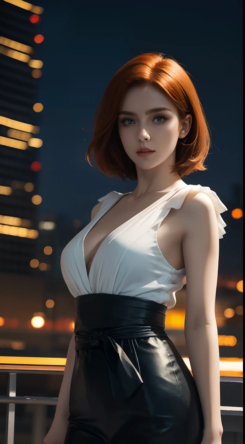 (A beautiful 20-year-old British female assassin), (Short ginger hair), (Pale skin), (serious looking), (Wearing white and blue Assassin costumes), (city at night background), seen from the front, waist up shot, Dynamic pose, Ambient lighting, Photo realism, intricate face details, Intricate hand details, Highly detailed, Vibrant colors, Cinematic, High definition, Popular on art stations - original style