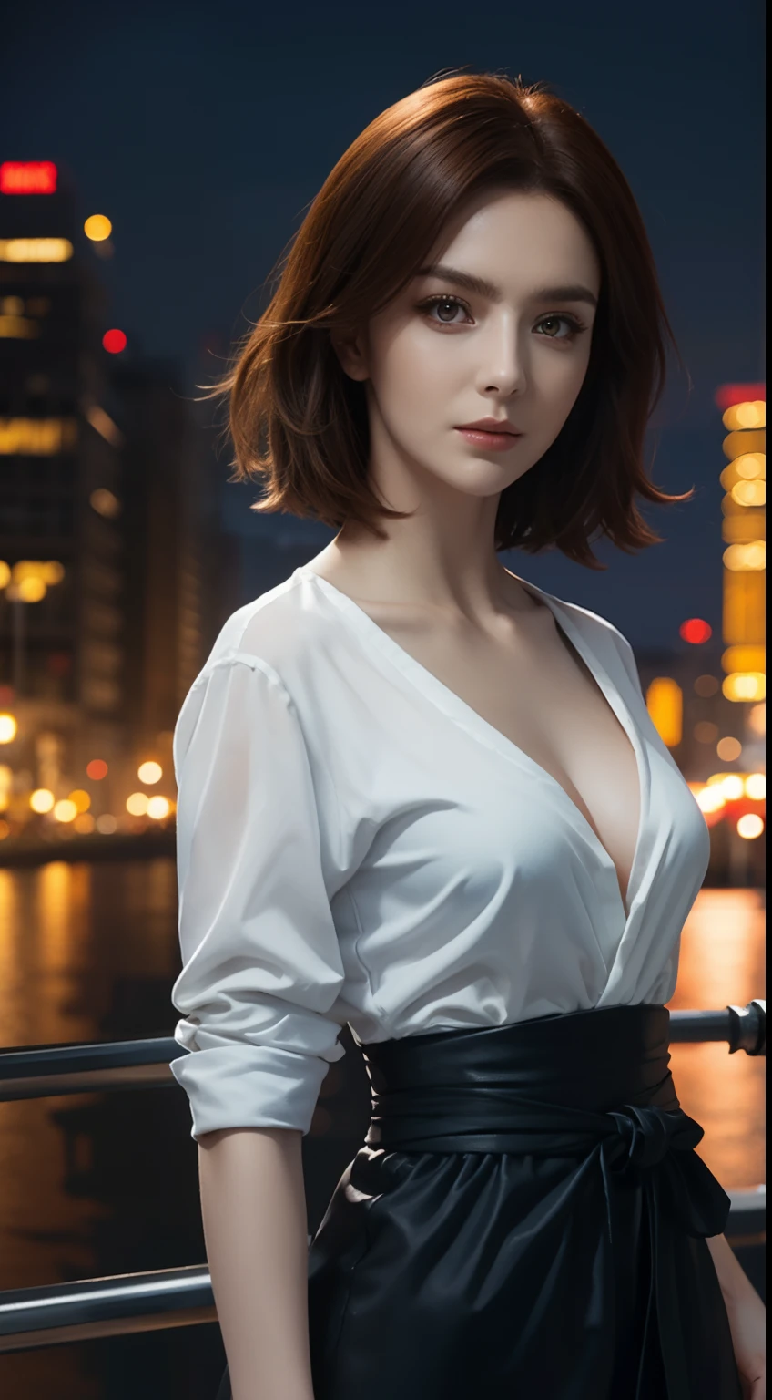 (A beautiful 20-year-old British female assassin), (Short ginger hair), (Pale skin), (serious looking), (Wearing white and blue Assassin costumes), (city at night background), seen from the front, waist up shot, Dynamic pose, Ambient lighting, Photo realism, intricate face details, Intricate hand details, Highly detailed, Vibrant colors, Cinematic, High definition, Popular on art stations - original style