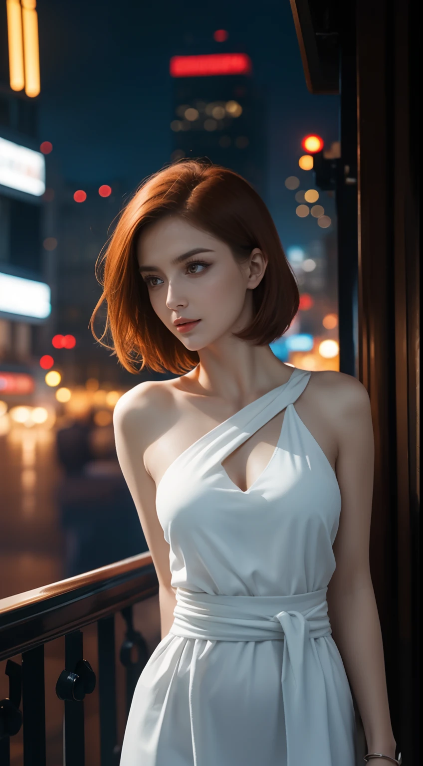 (A beautiful 20-year-old British female assassin), (Short ginger hair), (Pale skin), (serious looking), (Wearing white and blue Assassin costumes), (city at night background), seen from the front, waist up shot, Dynamic pose, Ambient lighting, Photo realism, intricate face details, Intricate hand details, Highly detailed, Vibrant colors, Cinematic, High definition, Popular on art stations - original style