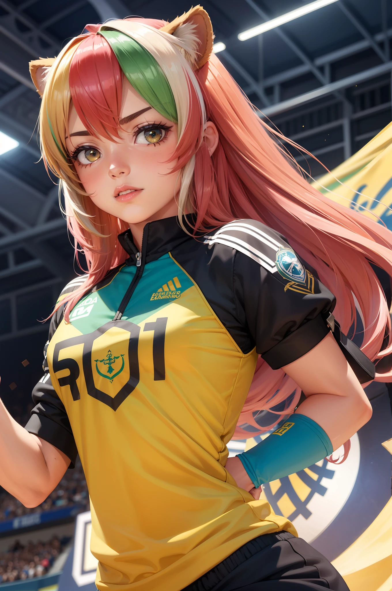 Astolfo em uniforme de futebol,melhor qualidade,4k,8k,alto,master part:1.2,ultra-detalhado,Realistic:1.37,fotorrealista:1.37, HDR,UHD,exuberante campo de grama verde,Stadium lighting,Sombras negras,bola de futebol laranja e branca,gotas de suor cintilantes,Brisa fresca,postura confiante,strong athletic build,sharp facial features,olhos azuis brilhantes com uma pitada de travessura,cabelos loiros brancos bem estilizados,Canary yellow football shirt with black details,Emblem of a lion carried on the chest,shorts azuis escuros sob medida com meias brancas combinando,novas chuteiras pretas brilhantes,Excelente controle de bola, Dribble with elegance,exibindo um trabalho extravagante,flying through the air for a header,Goleiro mergulhando para fazer uma defesa espetacular,Torcida nas arquibancadas,aplausos estrondosos,excitement and adrenaline in the air,Bandeira verde e branca da equipe agitando orgulhosamente.
