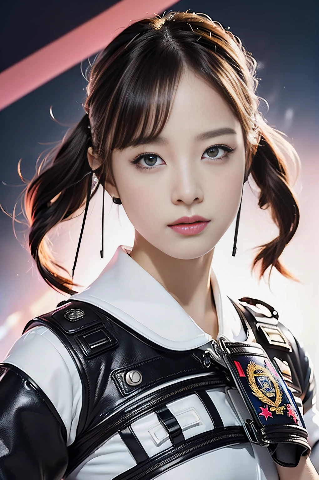 Top Quality, Ultra High Definition, (backlight), (Photorealistic: 1.4), (close up:1.6, focus on face), 1 Beautiful Girl, (Kpop Idol), Detailed Face, (Hair Pink:0.6, fullbang, updo-style:1), Contrapposto, Perfect Anatomy, Smooth Skin, Professional Lighting, ((wearing Futuristic Police Racing Suits, police wappen, High-tech Headset, military harness, racing gloves, machinegun)), ("POLICE", Cloths colors based on silver pink black white), (background, crashed cars, fire, (Explosion)),