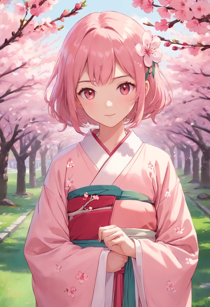 Peach blossom pink straight hair,Wears a pale pink kimono,Holding a cherry blossom branch,in the background, Beautiful cherry blossom trees are scattered with cherry blossoms,She is a sweet girl who stands tall,eyes with brightness