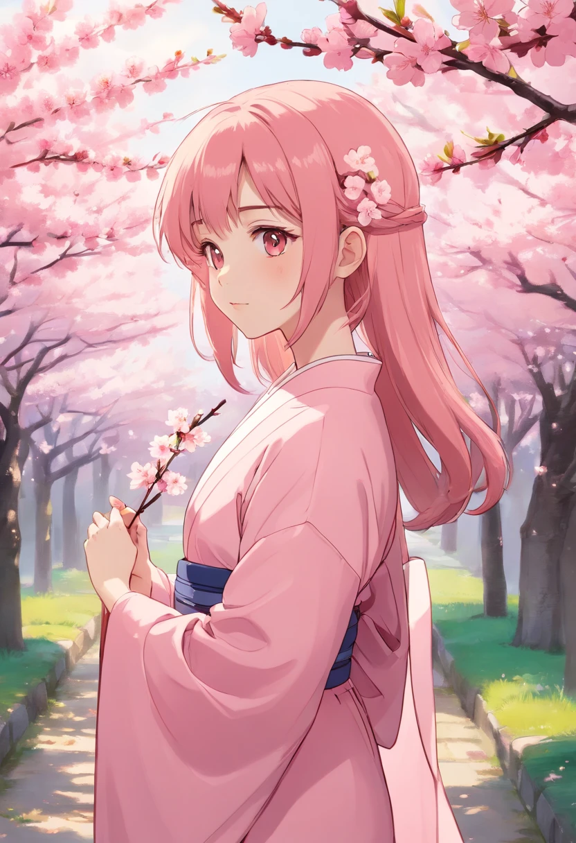 Peach blossom pink straight hair,Wears a pale pink kimono,Holding a cherry blossom branch,in the background, Beautiful cherry blossom trees are scattered with cherry blossoms,She is a sweet girl who stands tall,eyes with brightness