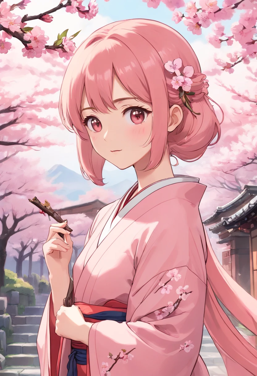 Peach blossom pink straight hair，Wears a pale pink kimono，Holding a cherry blossom branch，in the background, Beautiful cherry blossom trees are scattered with cherry blossoms，She is a sweet girl who stands tall，eyes with brightness