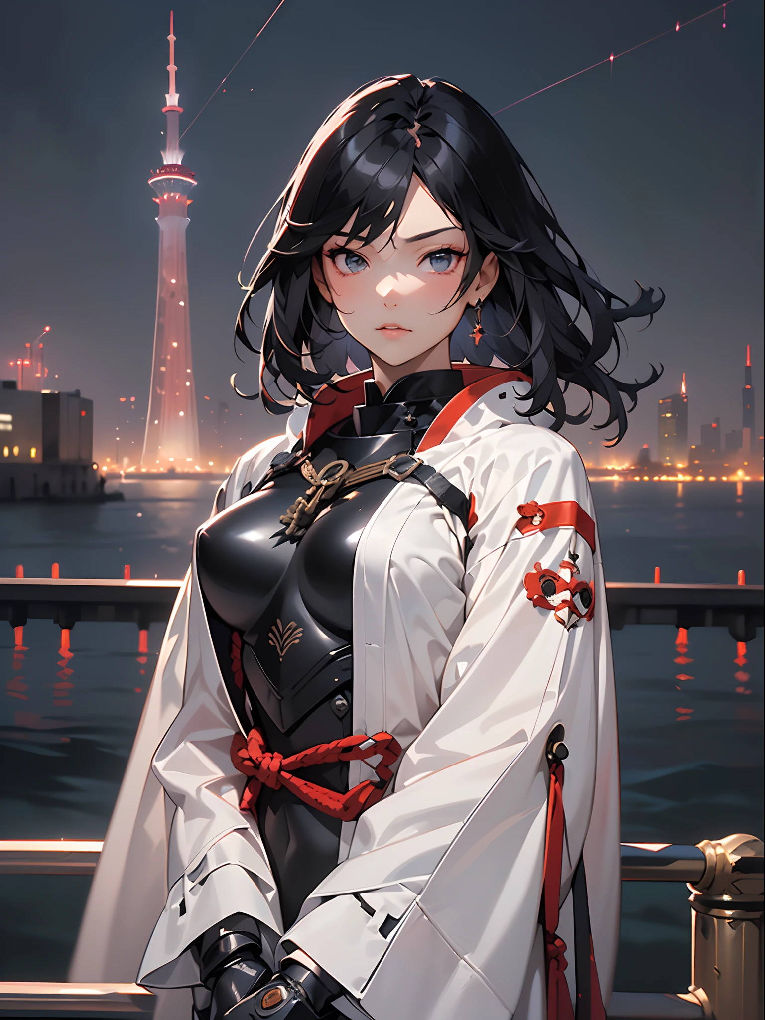 ((SF)),((1girl in)),Long black hair fluttering in the wind,((onmyouji)),A white cloak with red decoration flutters in the wind,(((armor))),((Mechanical)),(bodysuit),((black gauntlet and glove)),(((electricity))),((Skytree of the future)),((Beautiful night view of big city)),((((strong breeze)))),(((upper body))),((Sit on the harbor guardrail))