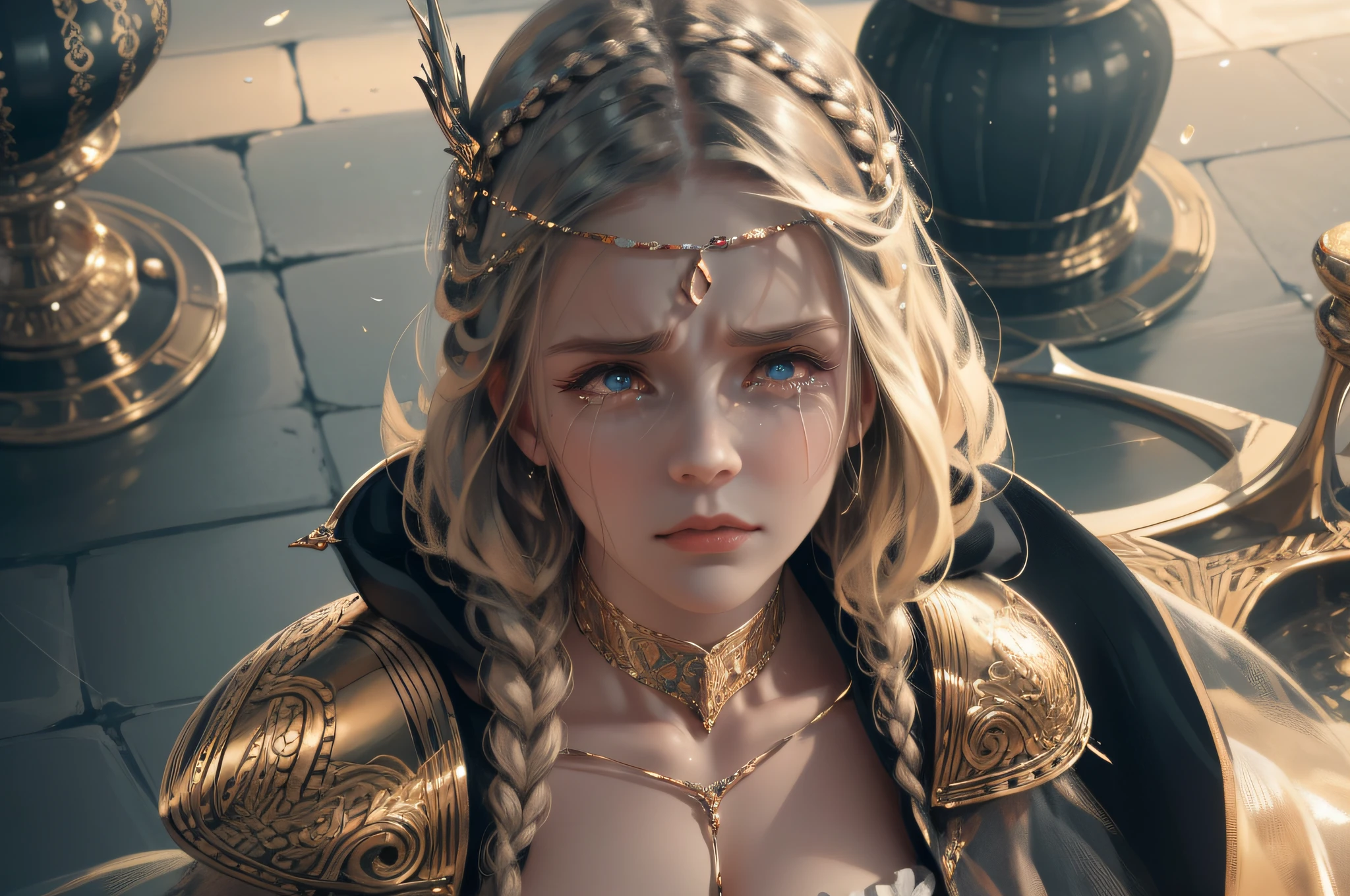 beautiful Caucasian, one woman with deep dimples in cheeks, viking braids, riad in the background, photo, ultra realistic, elaborate, high quality, one sad heart, crying, tears, broken heart, opalescent, glory, breath taking beautiful, graceful, elegant, stunning, real photo, shiny, iridescent, (masterpiece), (best quality) (detailed) (8k) (HDR) (cinematic lighting) (sharp focus) (intricate), hyper-realistic, color graded, realistic picture, ultra high quality, stunning, heartbroken --auto