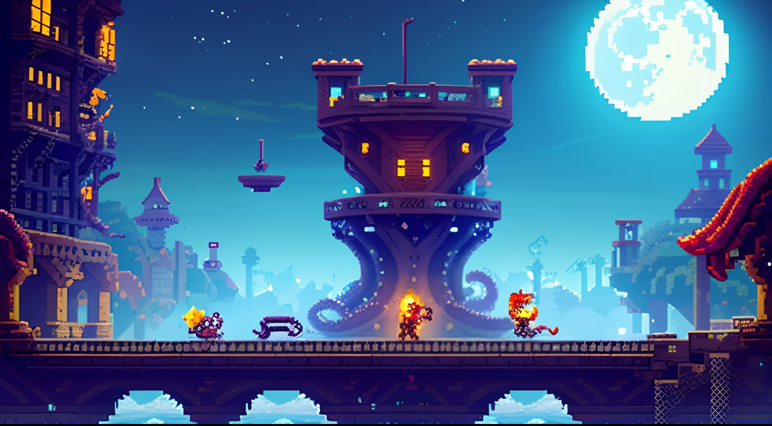 2d platformer, pixel art, monster  ((octopus)), city, pixel game，scenography，fantastical scenes，Bloody moonlit night，Red Moon，Vampires，the bats，levitating， Pixel art #pixelart