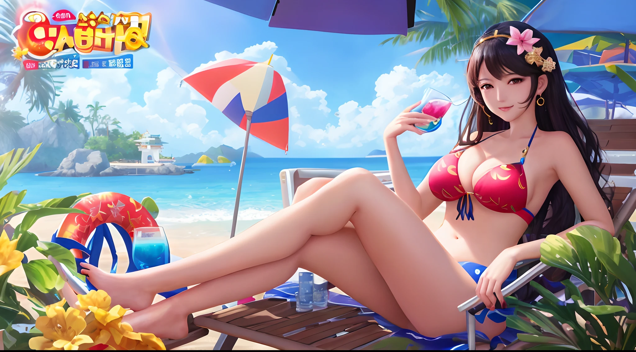 Close-up of a woman in a bikini sitting on a beach chair, trending on cgstation, queen of the sea mu yanling, nixeu and sakimichan, Splash art anime Loli, Official Splash Art, 3840 x 2160, 3840 x 2160, trending at cgstation, character splash art