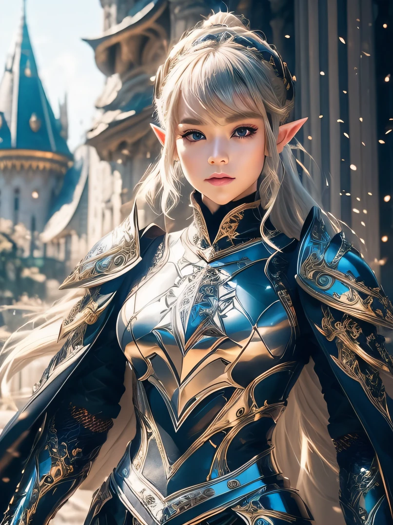 top-quality、ultra-detailliert、Very delicate、lighting like a movie、Unique lighting effects、Portrait of beautiful 40 year old female elf、Two-thirds shot、Environments with complex details、ighly detailed、Elegant person、Graceful aura、Elaborate patterns that blend fantasy and modernity、Black cloak of flowing fabric、Richly textured black leather armor and leggings、Delicately carved black plate armor、Bustling medieval cityscape and castle in the background、Mystical atmosphere filled with magical elements、Dynamic lighting with vibrant colors、Detailed background depiction、Deep sense of depth、Depth and mood、a blond、tall、a small face、well-proportioned figure、Hairstyle Ponytail、Seductive blue eyes、Sharp eyes、hyperdetailed face、A detailed eye、Detailed hand depiction、Detailed foot depiction、Dynamic action
