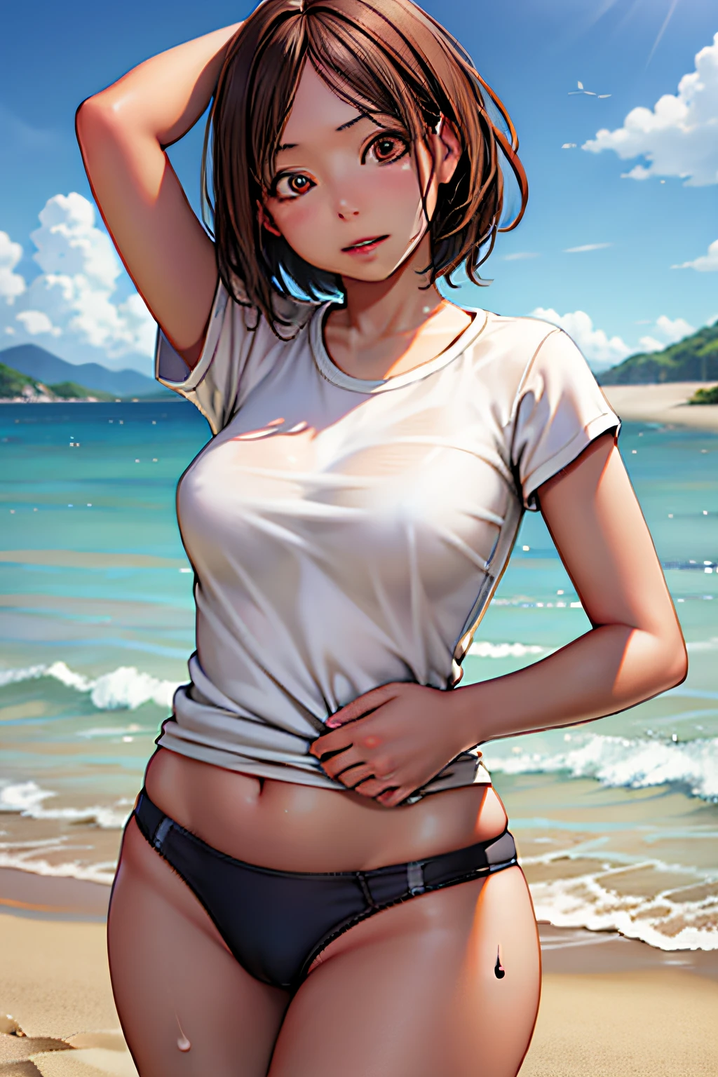 ultra-detailliert, hight resolution, (Realistic, Photorealistic: 1.4), 8K, Raw photo, (masutepiece), (Best Quality), physically-based renderingt, Female college student, Brown hair, sand beach, _white_Shirt、