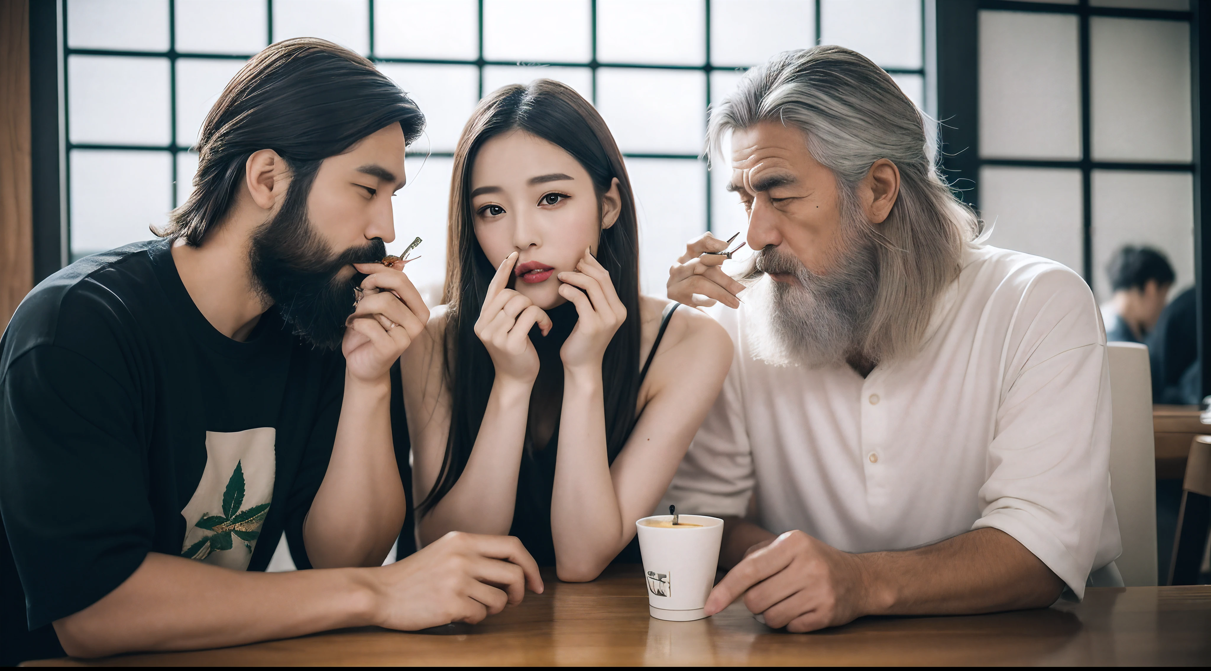 Japan couple in their 20s smoking cannabis、fashionable cafe、Cannabis joint in hand、Tons of smoke coming out of the mouth、Cannabis on the table、marijuana、Buds、RAW image quality、in 8K、16 K、An ultra-high picture quality、Woman with beard man and silver-haired beauty、marijuana、ganja、
