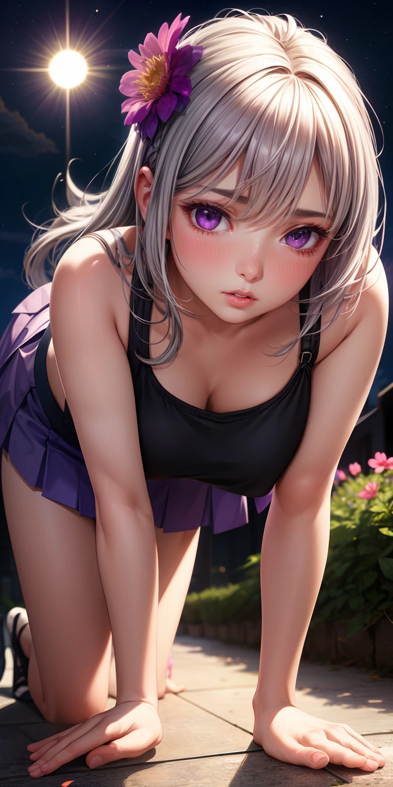 realistic, girl single, gray hair, purple eyes, glowing eyes, crop top, skirt, parted lips, blush, night, flower, sun, sunlight, all fours